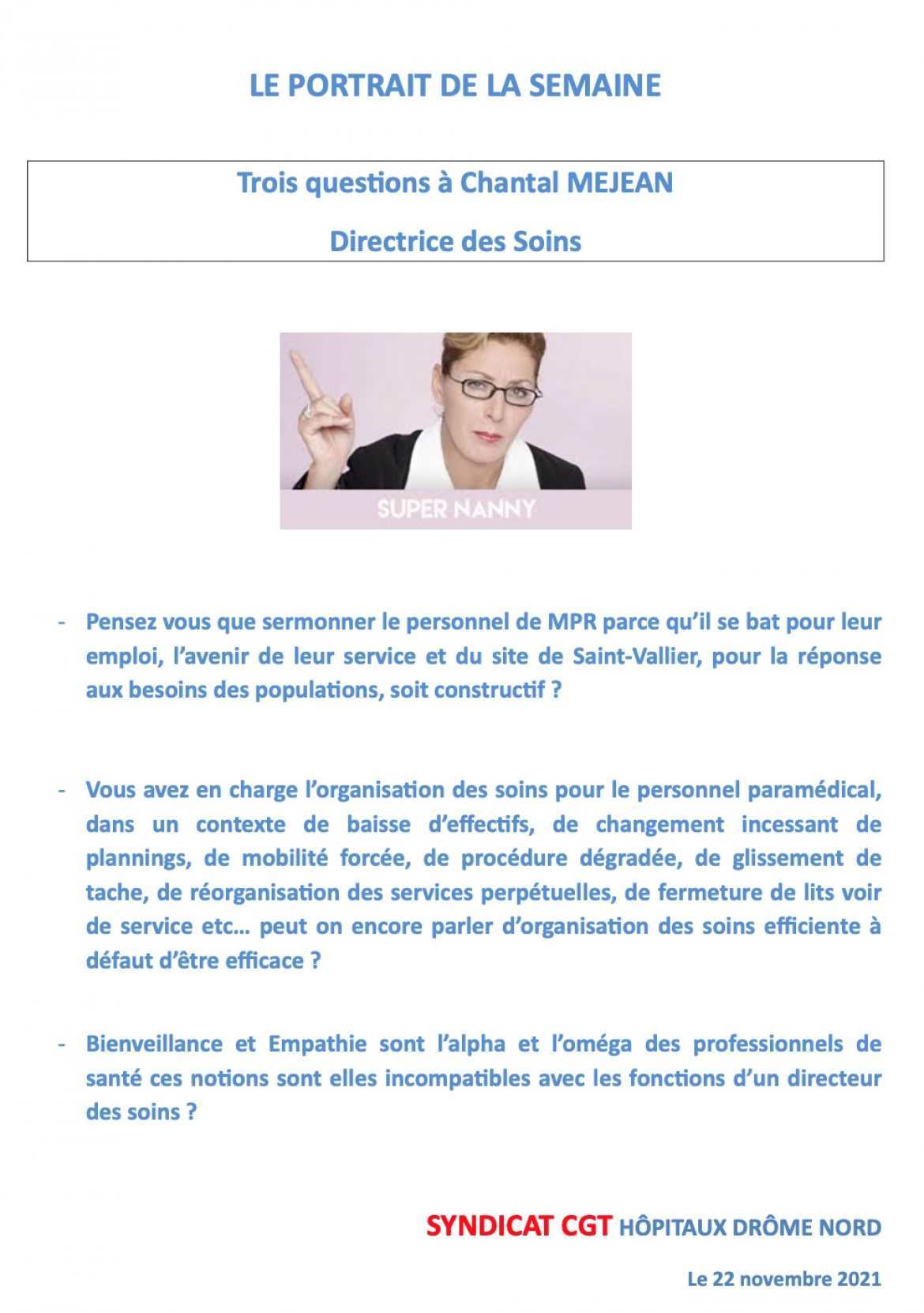 CGT-HDN - Trois questions à Chantal Méjean, Directrice des Soins
