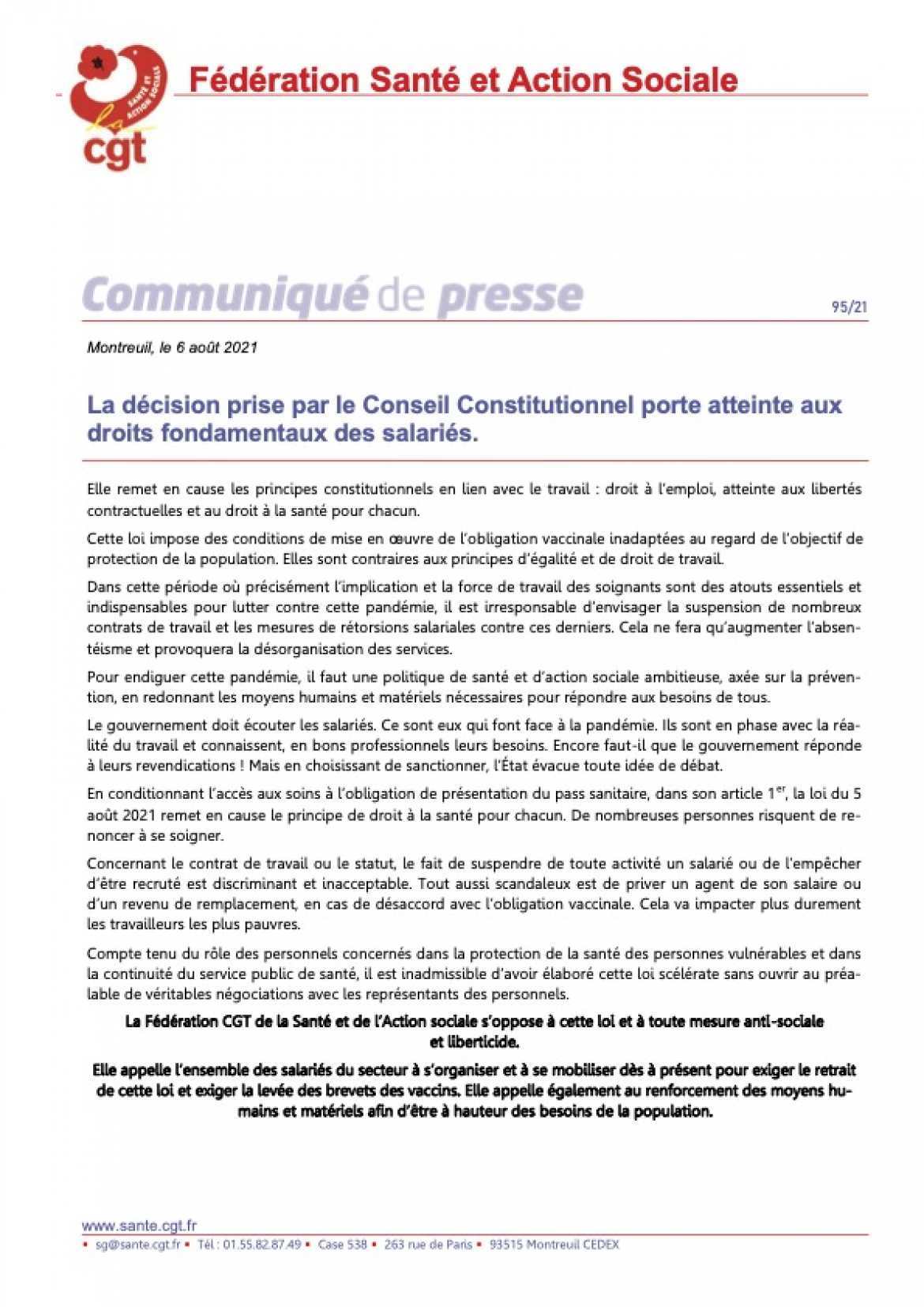 Communiqué de presse - 95/21 - La décision prise par le Conseil Constitutionnel porte atteinte aux droits fondamentaux des salariés