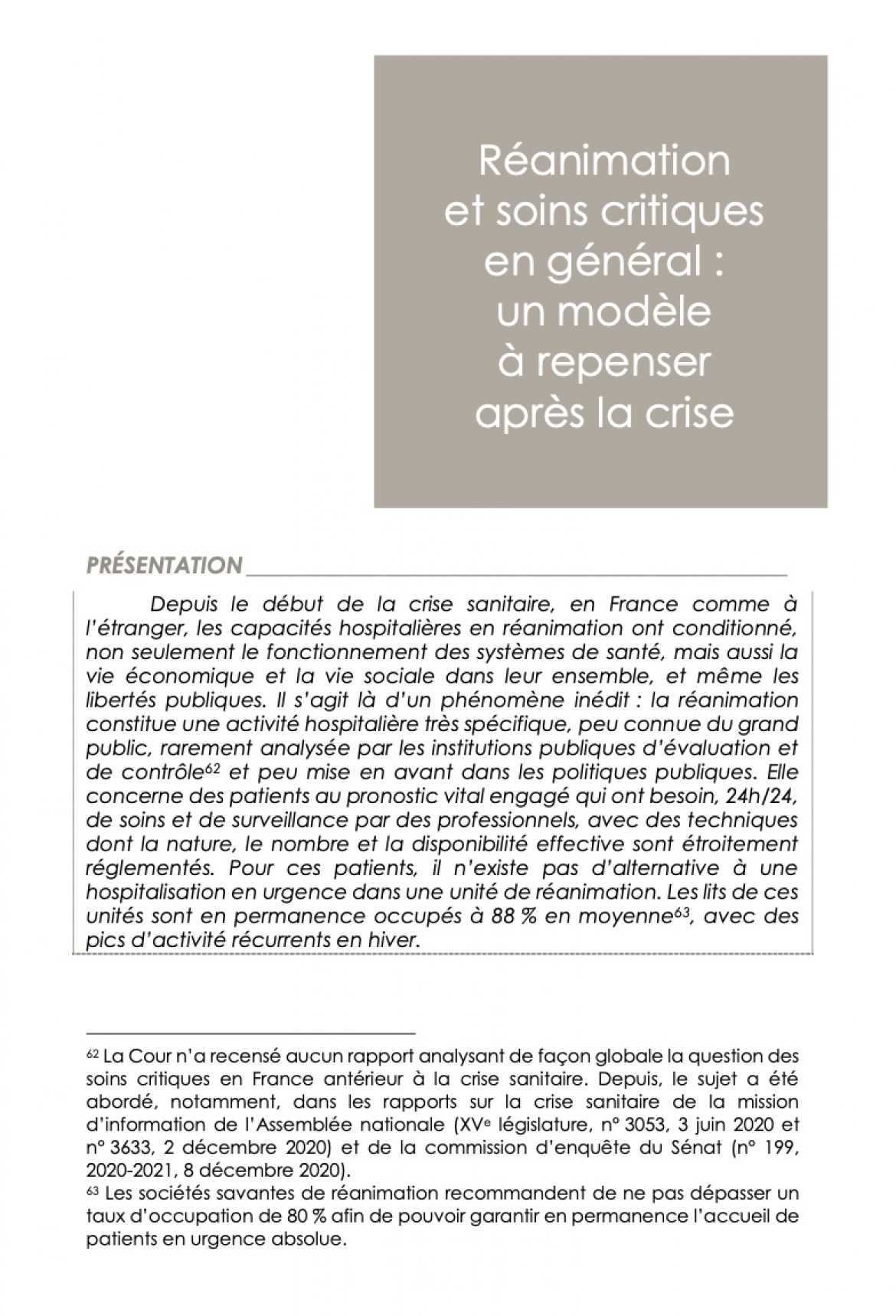 Réanimation et soins critiques en général - un modèle à repenser après la crise - Cour des comptes rapport annuel 2021