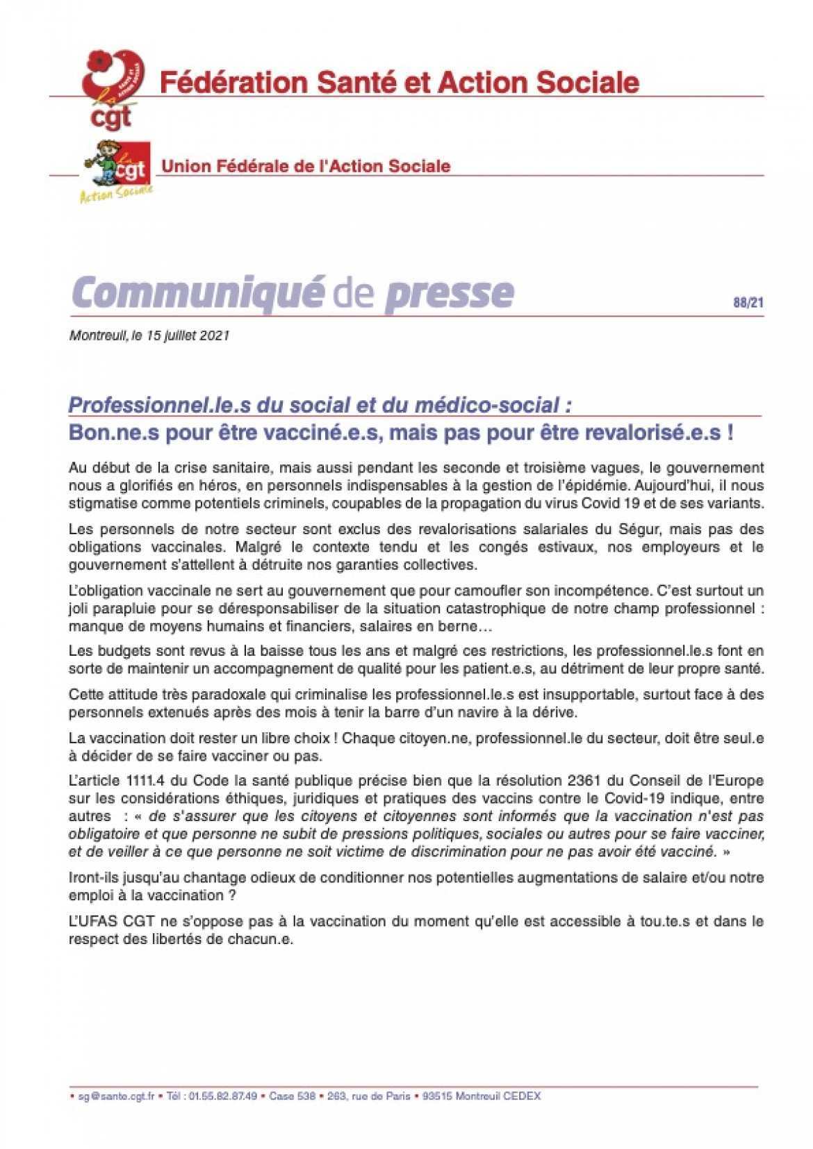 Communiqué de Presse 88/21 - Bon.ne.s pour être vacciné.e.s mais pas pour être revalorisé.e.s !