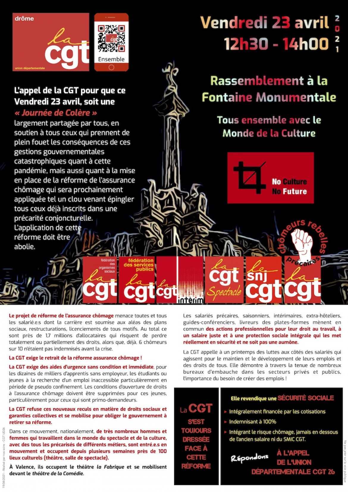 Tract UD26 - Appel à rassemblement en soutien au monde de la Culture et pour l'abolition de la réforme de l'assurance chômage.
