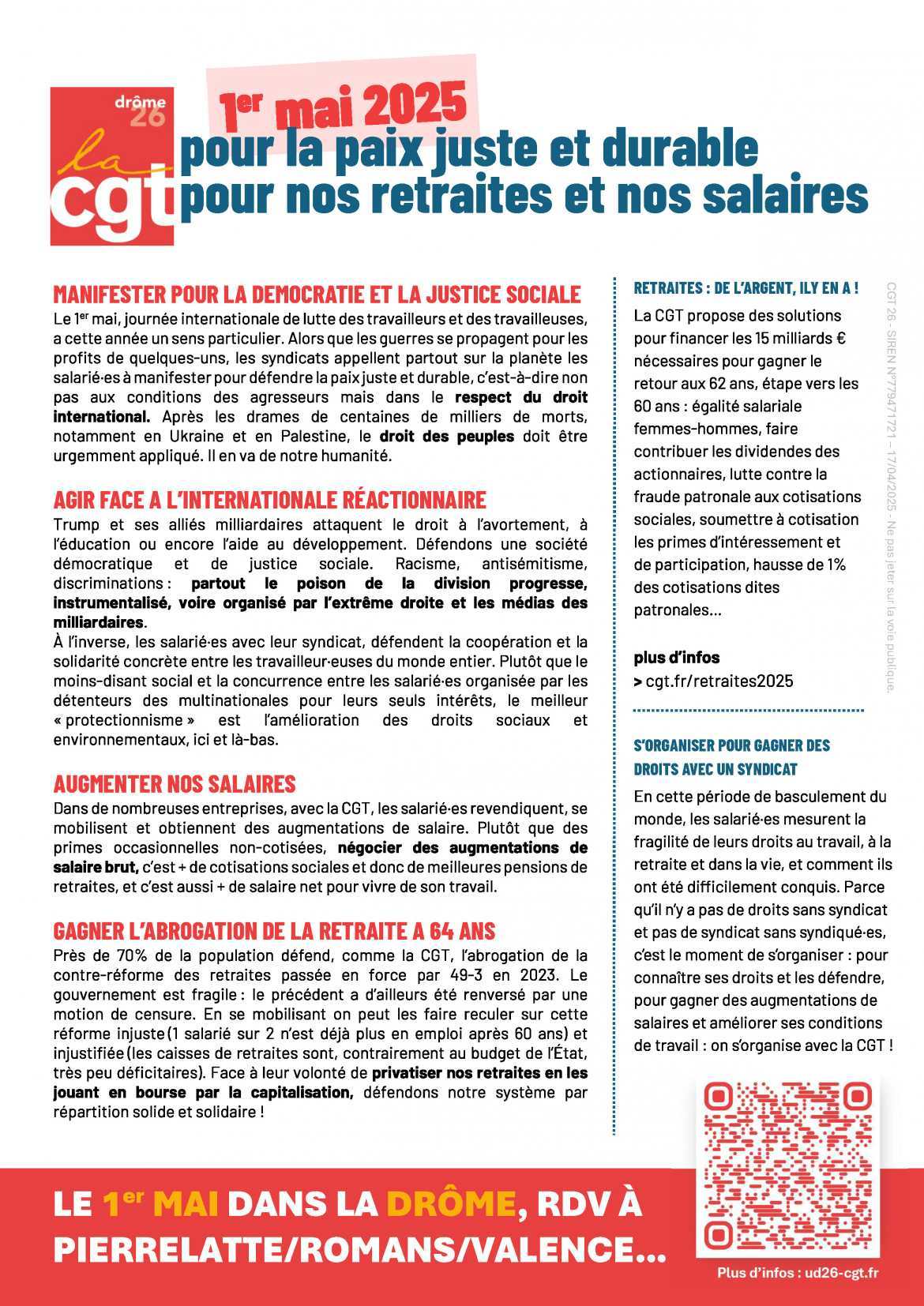1er mai 2025 : pour la paix, pour nos retraites, pour nos salaires