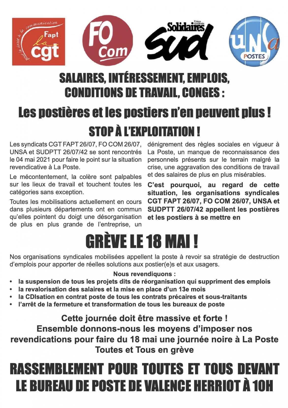 Tract - appel unitaire grève des postier.e.s - 18/05/21 - cliquez pour télécharger