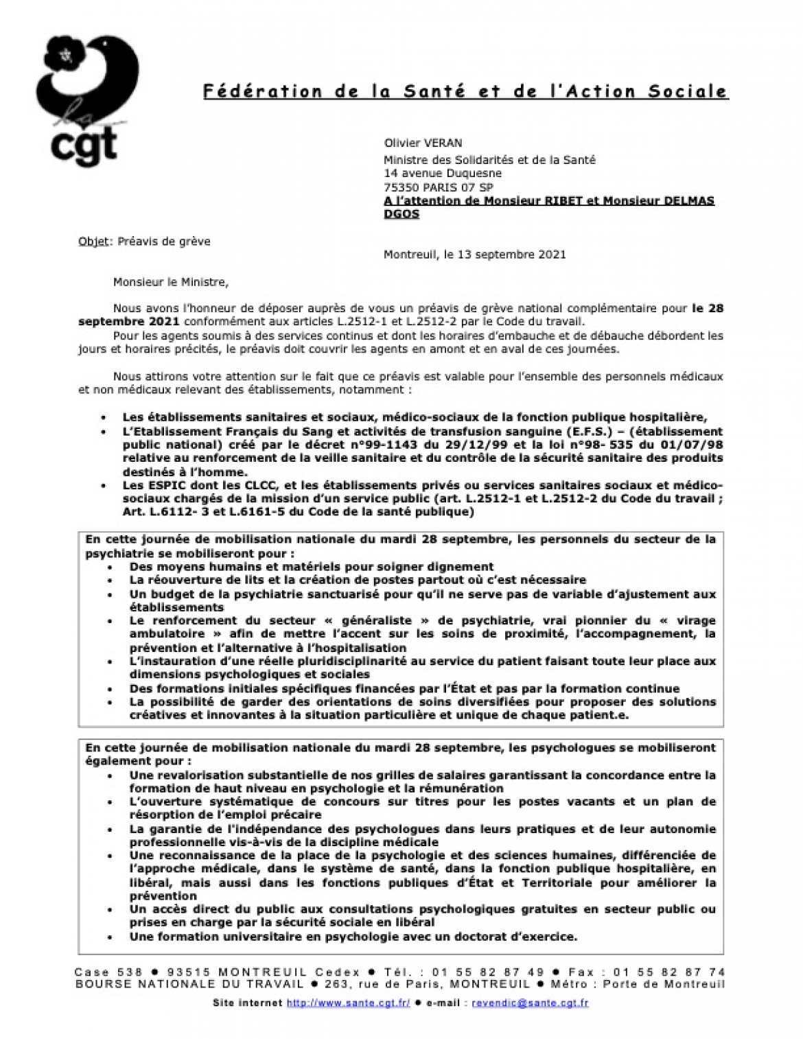 Préavis de grève spécifique psychologues/psychiatrie du 28 septembre 2021