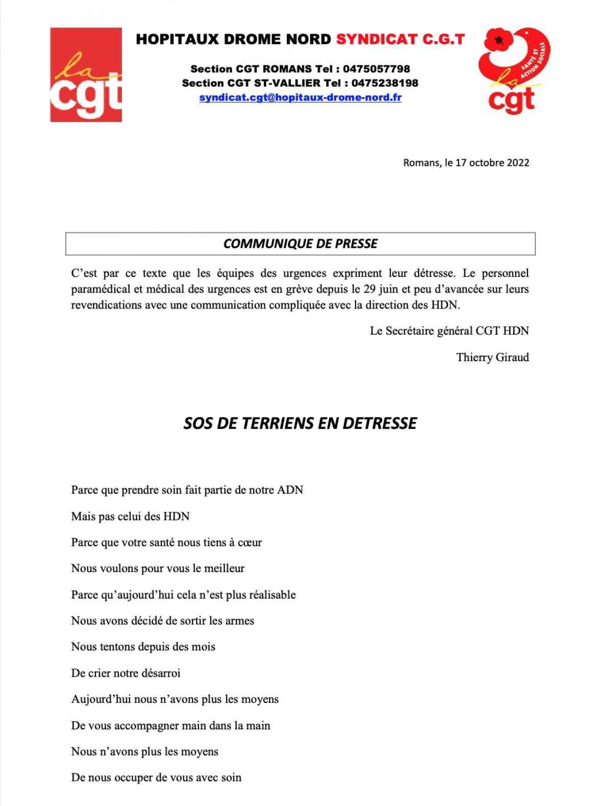 Communiqué de presse CGT-HDN
