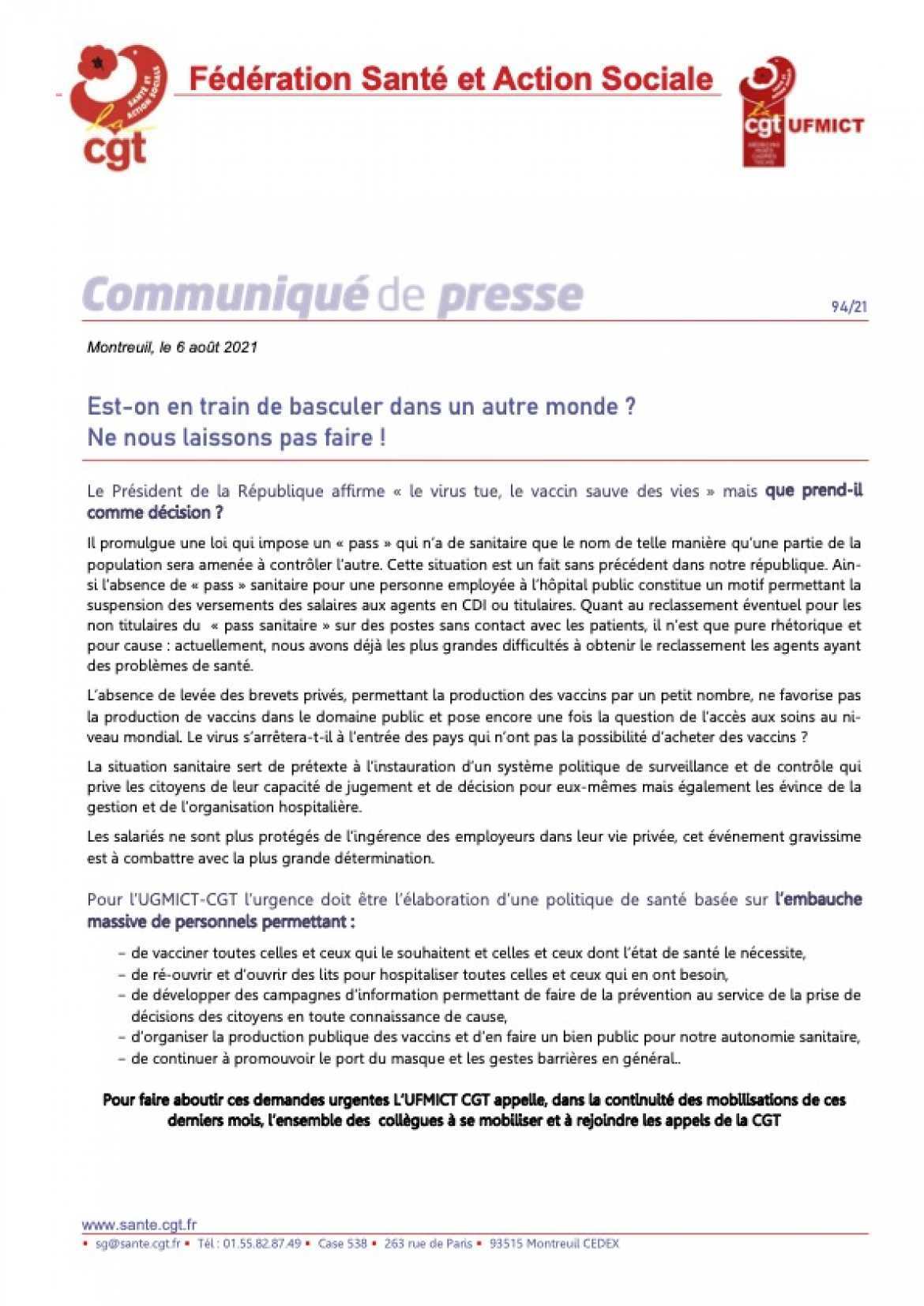 Communiqué de presse 94/21 - Est-on en train de basculer dans un autre monde ? Ne nous laissons pas faire !