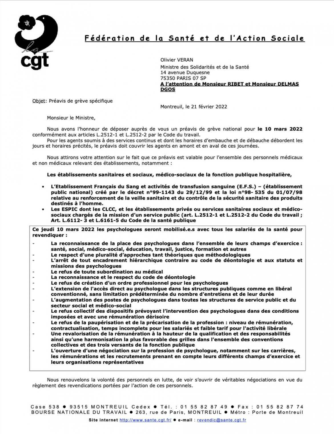 Préavis de grève national Santé et Action Sociale - Psychologue 10 mars 2022